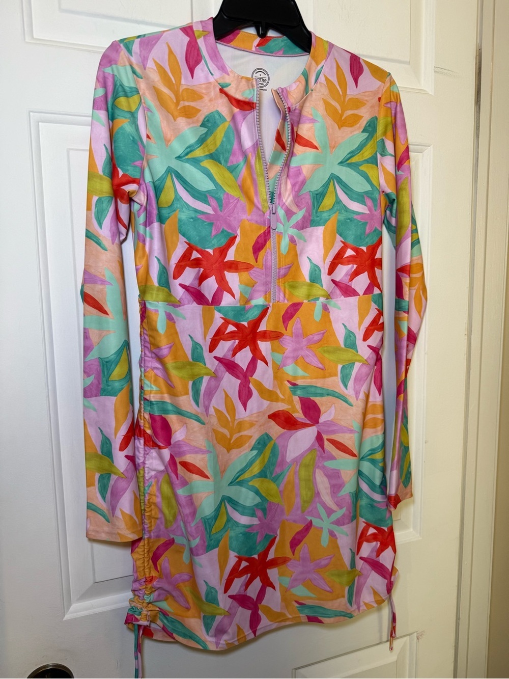 Mott 50 Sonja Swim Dress Cover Up SMALL UPF 50 Floral 1/4 Zip Side Ruching